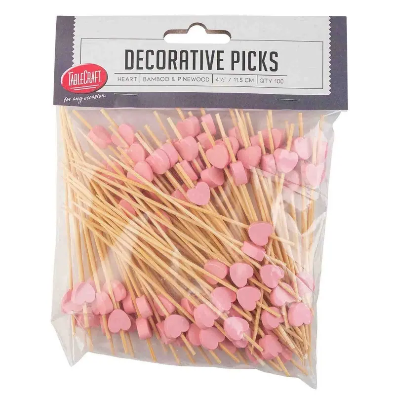 Tablecraft Decorative Picks - Hearts .5"x.25"x4.5" - Combo: Bamboo & Pinewood Pack of 100 - Set of 12