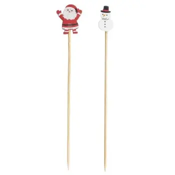 Tablecraft Decorative Picks - Snowman & Santa .625"x.25"x4.5" - Natural Bamboo Pack of 100 - Assorted - Set of 12