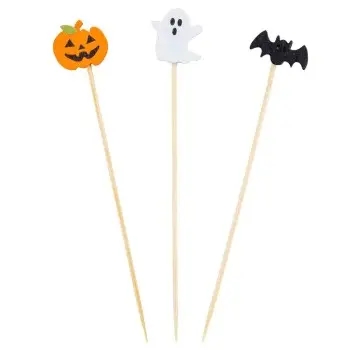 Tablecraft Decorative Picks - Halloween/Pumpkin /Ghost /Bat .625"x.25"x4.75" - Natural Bamboo Pack of 100 - Set of 12