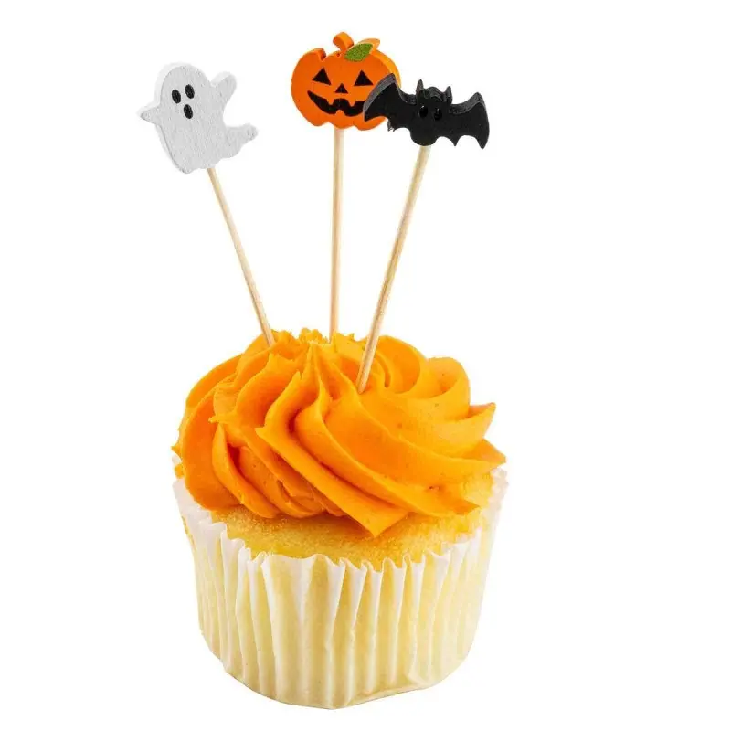 Tablecraft Decorative Picks - Halloween/Pumpkin /Ghost /Bat .625"x.25"x4.75" - Natural Bamboo Pack of 100 - Set of 12