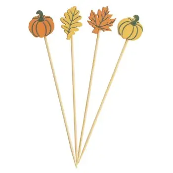 Tablecraft Decorative Picks - Fall Leaves & Pumpkins .625"x.25"x4.5" - Natural Bamboo Pack of 100 - Assorted - Set of 12