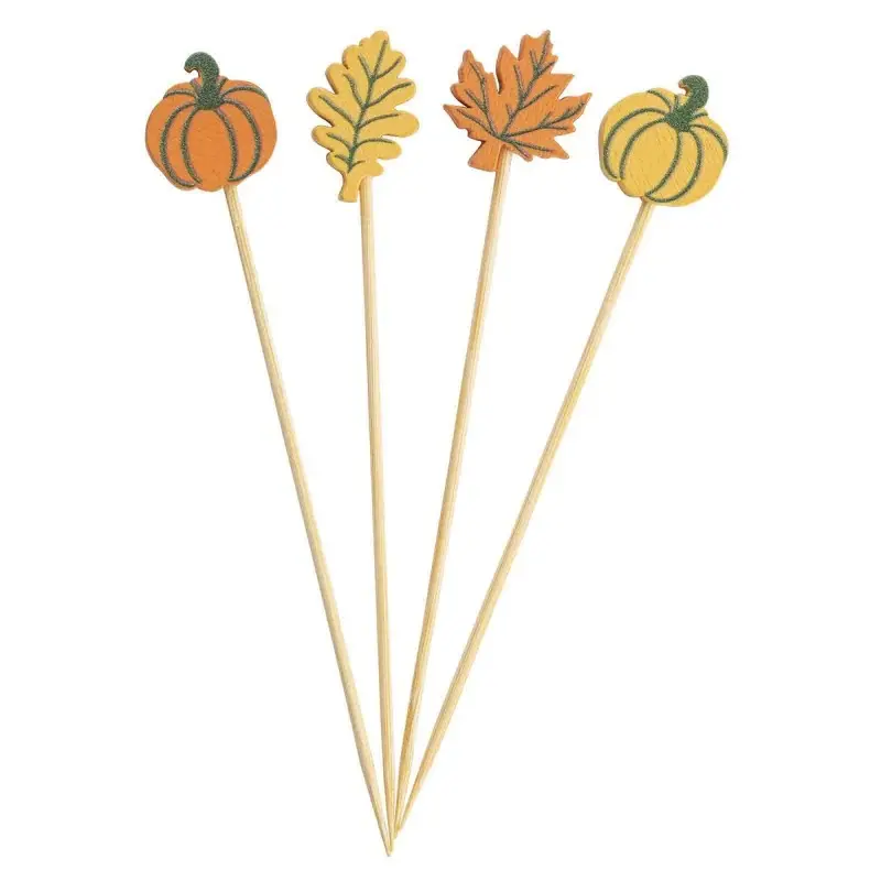 Tablecraft Decorative Picks - Fall Leaves & Pumpkins .625"x.25"x4.5" - Natural Bamboo Pack of 100 - Assorted - Set of 12