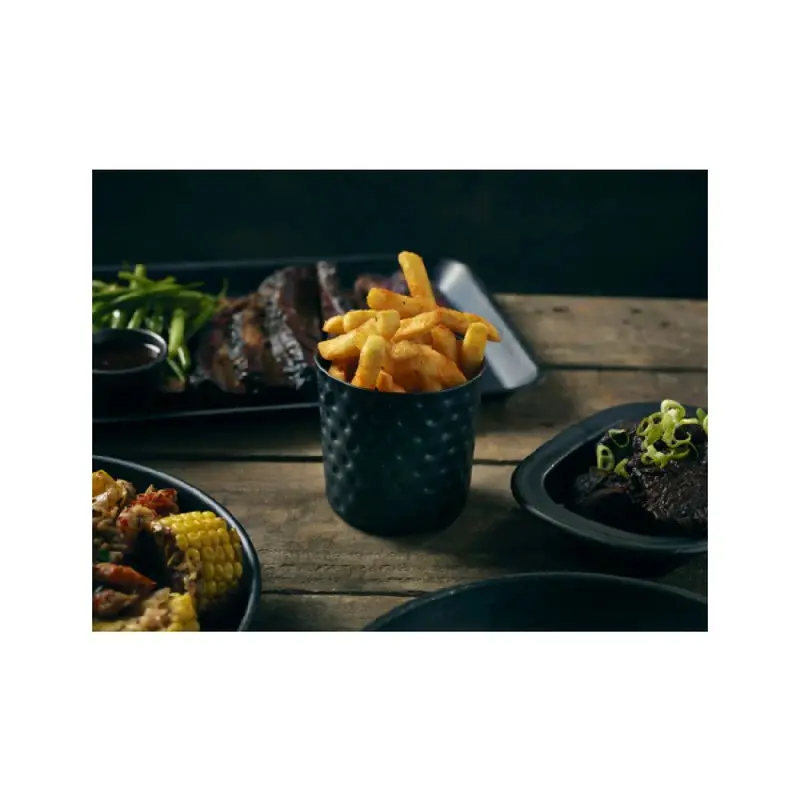 Genware Hammered Serving Cup 3 3/8 in x 3 3/8 in (12 3/4 oz) Vintage Stainless Steel Black - Set of 12 Genware Hammered Serving Cup 3 3/8 in x 3 3/8 in (12 3/4 oz) Vintage Stainless Steel Black - Set of 12