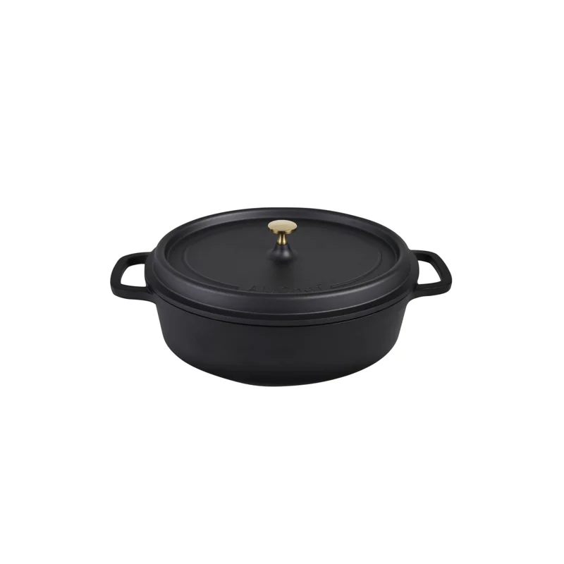 Aluchef Oval Roaster With Gold Knob 18 1/4 in x 12 in x 7 in (8 qt) Matte Black - Set of 4 Aluchef Oval Roaster With Gold Knob 18 1/4 in x 12 in x 7 in (8 qt) Matte Black - Set of 4