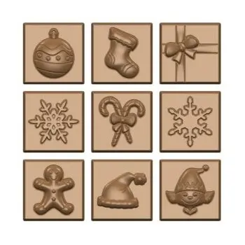 Polycarbonate Square Christmas Subjects Napolitains Chocolate Mold - 31.2 mm x 31.2 mm x h 7 mm - 5gr - 18 cavity