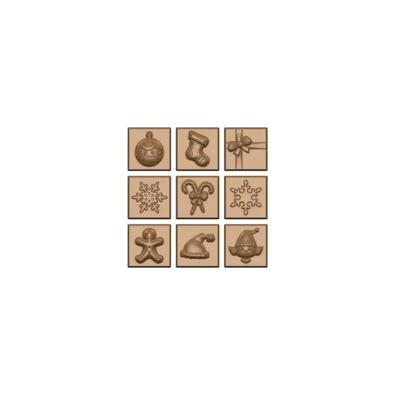Polycarbonate Square Christmas Subjects Napolitains Chocolate Mold - 31.2 mm x 31.2 mm x h 7 mm - 5gr - 18 cavity