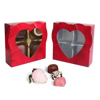 Red Satin Design Heart Window Chocolate Candy Box - 3.69 x 3.69 x 1.25 in - Pack of 50