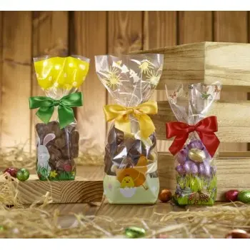 Clear Cellophane Easter Candy and Chocolate Bags with Easter Print and Cardboard Bottom - 220mm x 100mm - 100pcs