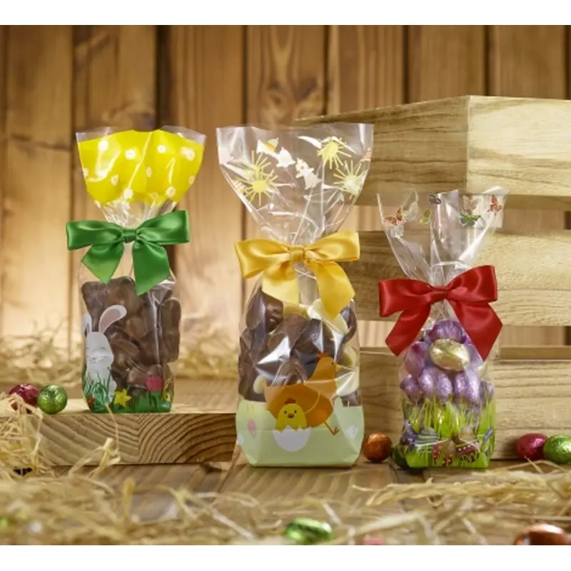 Clear Cellophane Easter Candy and Chocolate Bags with Easter Print and Cardboard Bottom - 220mm x 100mm - 100pcs