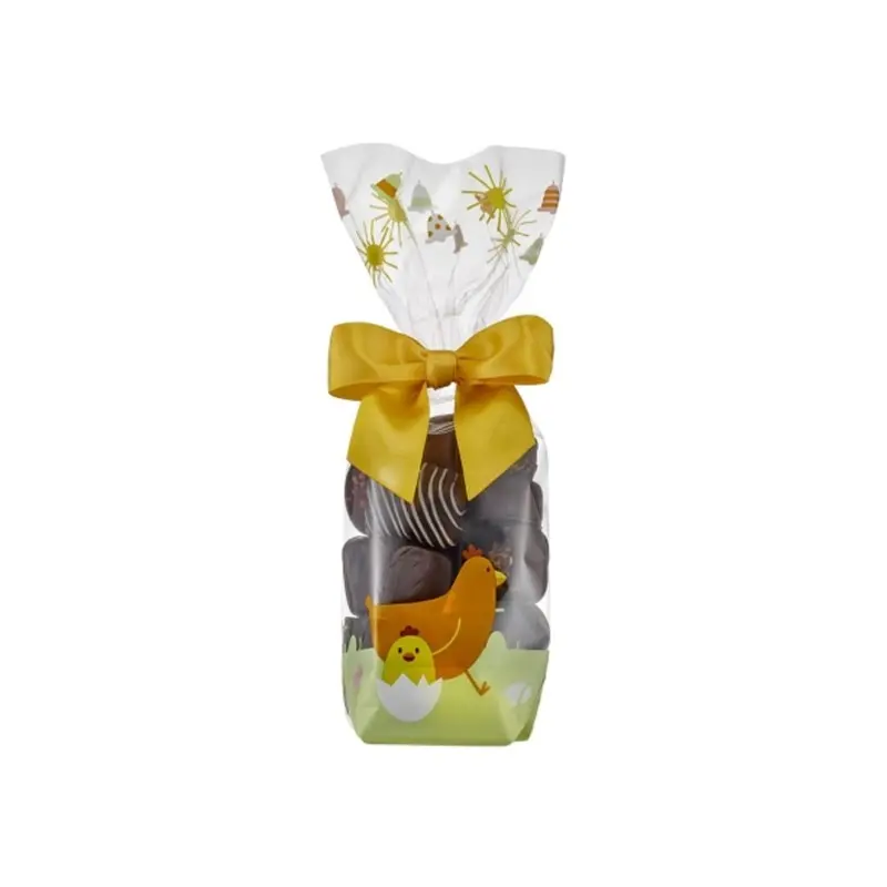 Clear Cellophane Easter Candy and Chocolate Bags with Easter Print and Cardboard Bottom - 220mm x 100mm - 100pcs
