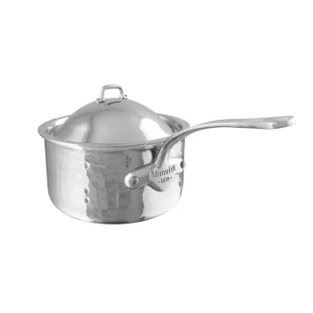Mauviel M'ELITE Stainless Steel Mauviel M'ELITE Hammered 5-Ply Sauce Pan With Lid, Cast Stainless Steel Handles - 0.8 Qt