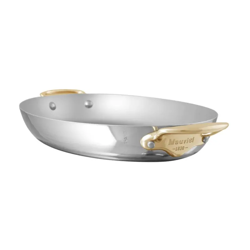 Mauviel M'Cook B Stainless Steel Oval Pan with Bronze Handles - 13.65'' Mauviel M'Cook B Stainless Steel Oval Pan with Bronze Handles - 13.65''