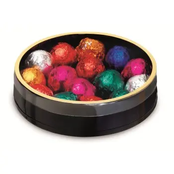 Elegant Black Round Candy Nuts Boxes with Plastic Bottom & Gold Rim Top (5" x 1 1/8") - Pack of 150 pcs