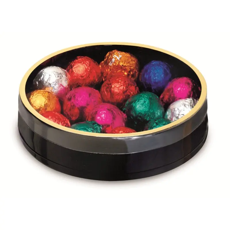 Elegant Black Round Candy Nuts Boxes with Plastic Bottom & Gold Rim Top (5" x 1 1/8") - Pack of 150 pcs Elegant Black Round Candy Nuts Boxes with Plastic Bottom & Gold Rim Top (5" x 1 1/8") - Pack of 150 pcs