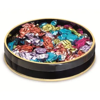 Elegant Black Round Candy Nuts Boxes with Metal Bottom & Gold Rim Top (6" x 1") Pack of 192 pcs