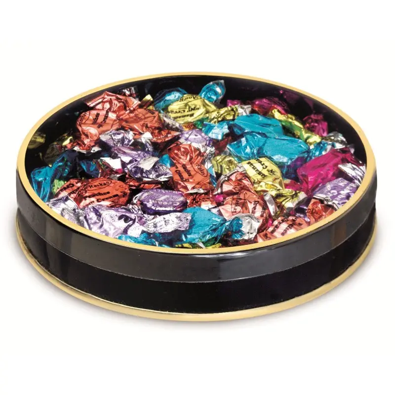 Elegant Black Round Candy Nuts Boxes with Metal Bottom & Gold Rim Top (6" x 1") Pack of 192 pcs Elegant Black Round Candy Nuts Boxes with Metal Bottom & Gold Rim Top (6" x 1") Pack of 192 pcs